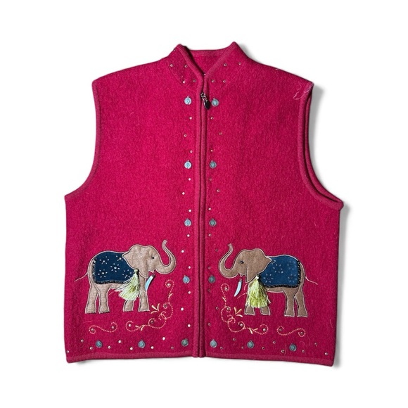 Lisa international Sweaters - Vintage Red Boiled Wool Ethnic Indian Elephant Christmas Sweater XL